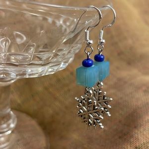 Handmade Snowflake Earrings w Upcycled Blue Cube Beads & Sterling Silver Hooks